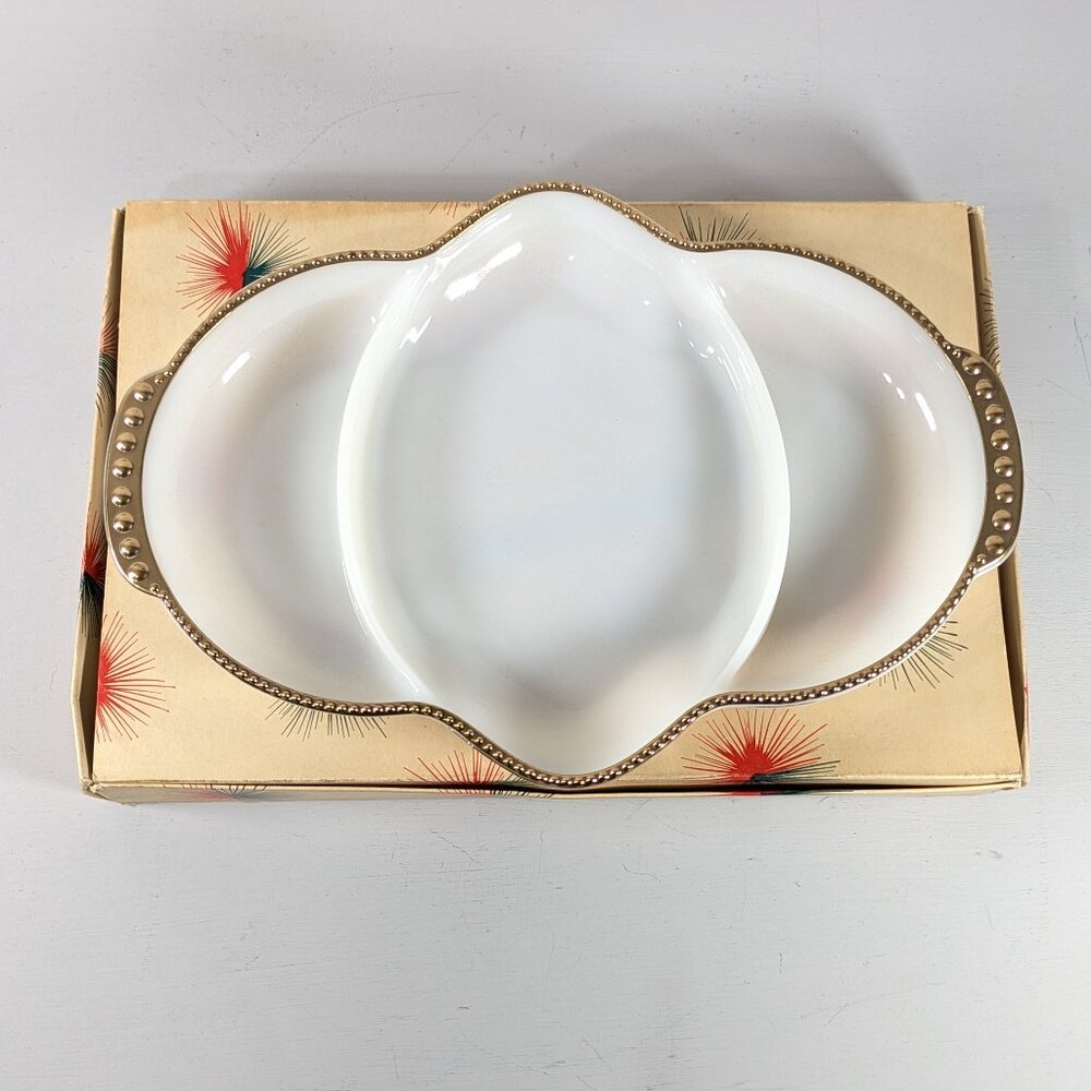 Anchor Hocking Milk Glass 22K trimmed Divided Relish dish, Vintage anchorglass